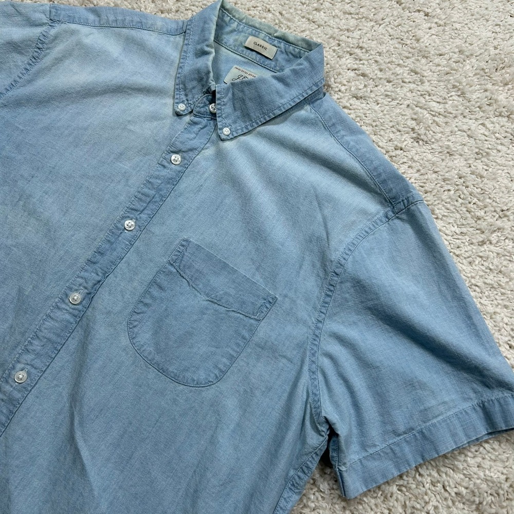 J Crew Indigo Organic Chambray Button Down Shirt Large Blue Short Sleeve Denim